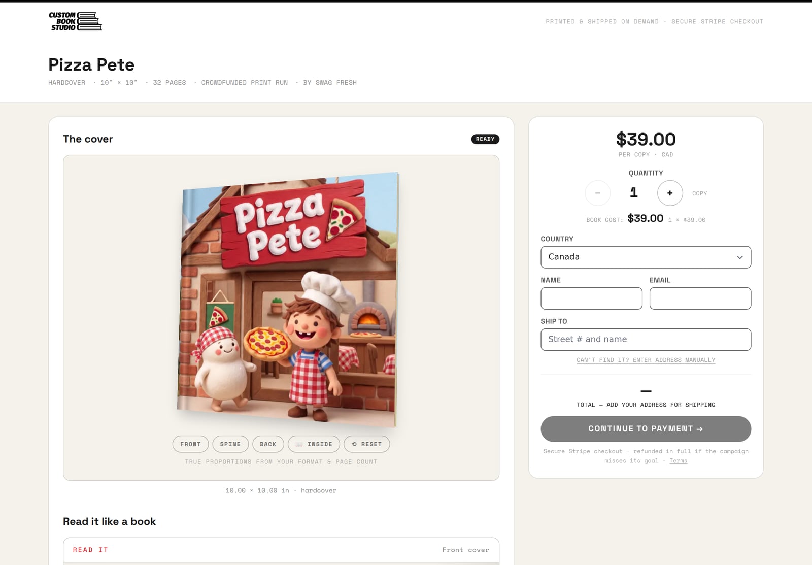 A Custom Book Studio campaign page for Pizza Pete — the 3D book on the left, price and checkout on the right