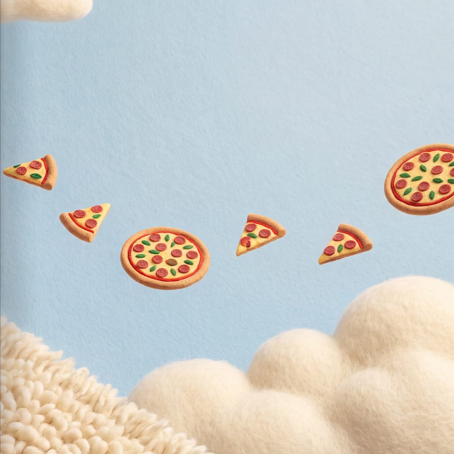 A page from Pizza Pete before the words are placed — open sky above falling pizza slices