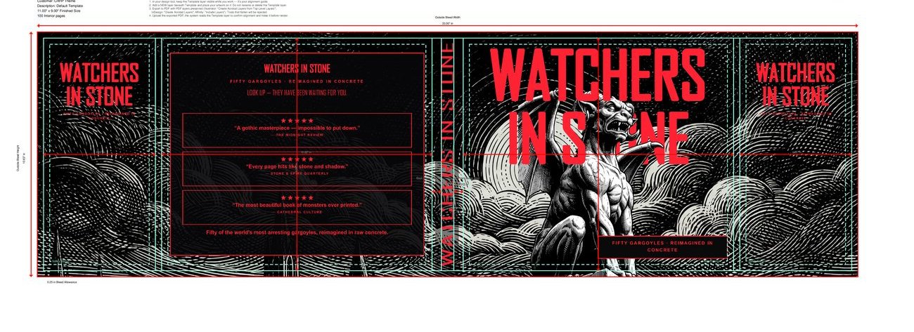 Watchers in Stone — Dust jacket — on the print template (flaps, bleed, trim & safety).